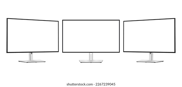 Modern Silver Computer Monitors With Blank Screens, Front and Side View, Isolated on White Background. Vector Illustration