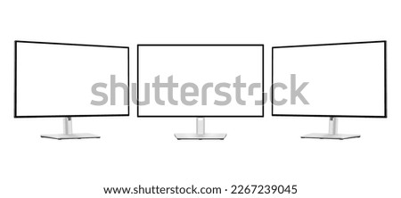 Modern Silver Computer Monitors With Blank Screens, Front and Side View, Isolated on White Background. Vector Illustration