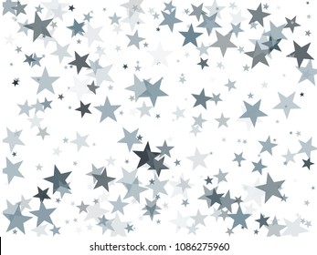 Modern silver glitter falling stars vector template for birthday party, wedding invitation card, flyer, voucher, holiday banner.  Silver sparkle stars grey confetti glitter on white.