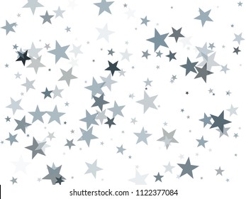 Modern silver glitter falling stars vector template for birthday party, wedding invitation card, flyer, voucher, holiday banner.  Silver sparkle stars confetti glitter on white backdrop.