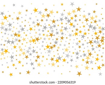 Modern Silver And Gold Starburst Vector Illustration. Many Stardust Spangles Noel Decoration Confetti. Cartoon Star Burst Pattern. Spangle Elements Explosion.