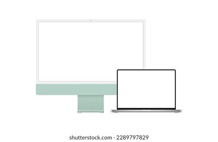 Modern Silver Green Computer Monitor and Laptop with Blank Screens, Isolated on White Background. Vector Illustration