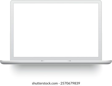 Modern silver laptop featuring a blank screen, patiently waiting for incoming messages against a clean white background, casting a subtle shadow beneath its sleek design