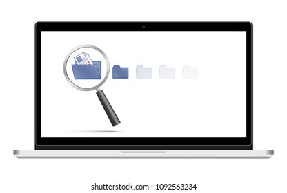 Modern Silver laptop, notebook or ultrabook front view isolated with search or find for files-folder activity on screen. Vector illustration.