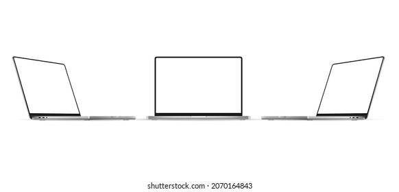 Modern Silver Laptops Mockups with Blank Screens, Front and Side View, Isolated on White Background. Vector Illustration