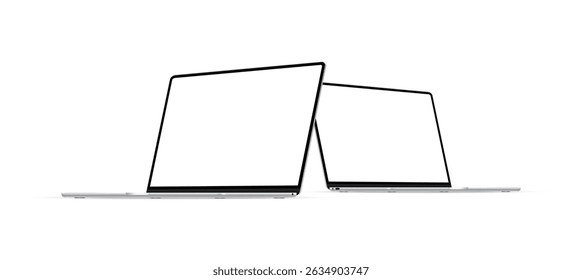 Modern Silver Laptops Mockups With Blank Screens, Side Perspective View, Isolated On White Background. Vector illustration