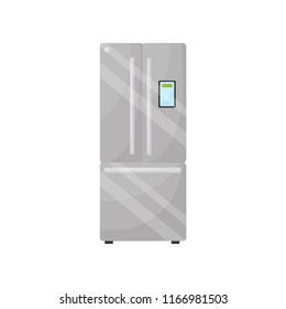 Modern silver refrigerator with freezer. Flat vector for advertising poster or banner of household appliance store