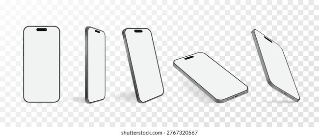 Modern Silver Smartphone Mockup Set – Thin Metal Device Front, Side and Perspective Views with Blank Screen for UX UI App Presentation and Advertising Design