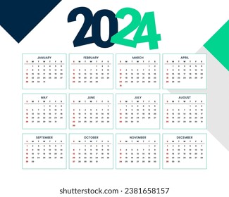 modern and simple 2024 new year english calendar template design vector