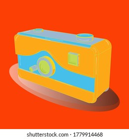 Modern simple 3D photography sign. Figure in blue, orange and yellow colors. Camera vector isolated. Trendy symbol for website design. Instant Photo internet concept.