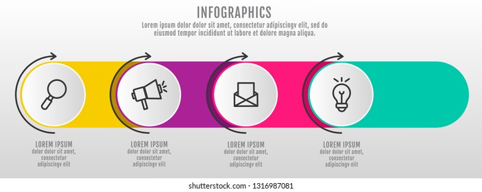 Modern and simple 3D vector illustration. Infographic template with four circles, elements, sectors and arrows. Designed for business, presentations, web design, interface 4 step diagrams.