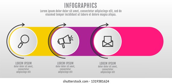 Modern and simple 3D vector illustration. Infographic template with three circles, elements, sectors and arrows. Designed for business, presentations, web design, interface 3 step diagrams.