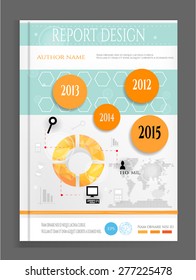 Modern, simple, abstract book, brochure, report, flyer, template design with black icons, graph, pie chart, gray world map, labels with years, text