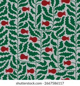 Modern simple abstract ripe pomegranat fruit shape foliage vector seamless pattern for textile, wallpaper, fabric, menu banner. Simple trendy botanical vector background.