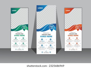 Modern simple and abstract roll up banner template design, vertical, abstract background, pull up design, Sale banner stand or flag design layout. Roll up banner design template