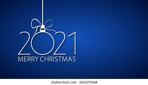Modern simple blue Christmas background with Christmas ball. Holiday greeting card with merry Christmas sign