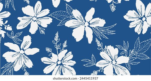 Modern simple blue white monochrome seamless floral pattern. Background of big white flowers. Various botanical elements scattered over a navy blue background.