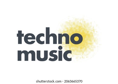 Modern, simple, bold graphic design of a saying "Techno Music" in yellow and grey colors. Cool, urban, trendy and playful graphic vector art.
