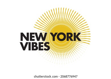 Modern, simple, bold typographic design of a saying "New York Vibes" in black and yellow colors. Cool, urban, trendy graphic design with brush stroke shapes in sun abstraction.
