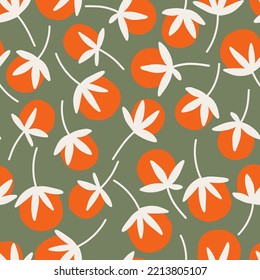 Modern simple botanical seamless pattern with orange berries. Abstract floral texture. Cute design with floral elements. Vector illustration.