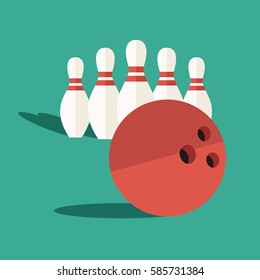 modern simple Bowling pins & one ball illustration isolated with clean & flat design bowling game sport