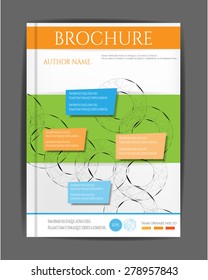 Modern, simple brochure, report, flyer, template design with black, simple, round shapes, orange, blue labels, shadows, text