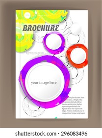 Modern, simple brochure, report, flyer, template design with white labels, text, watercolors, round shapes - yellow, green, violet colors, dark background