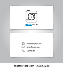 Modern simple business card template with camera conceptual logo. Vector illustration.