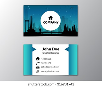 Modern simple business card template with cityscape at night background - Flat Design - Vector Illustration