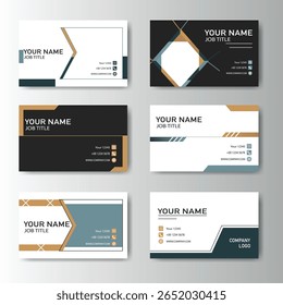 Modern simple business card templates with clean geometric designs in white, black, blue, and gold for professional contacts.