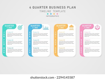 Modern simple business planning infographic template 4 quarter squares multi color pastel with corner icons Left white month monogram lettering design for product, marketing, growth.