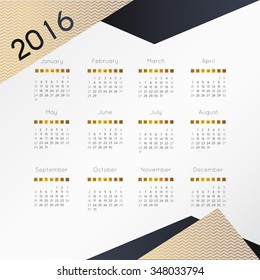 Modern and simple calendar 2016. Week starts from sunday. Vector illustration.