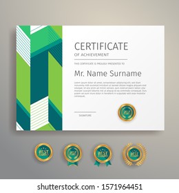 Modern simple certificate in blue and green color with gold badge and border vector template