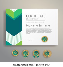 Modern simple certificate in blue and green color with gold badge and border vector template
