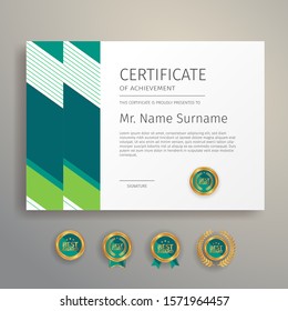 Modern simple certificate in blue and green color with gold badge and border vector template