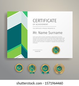 Modern simple certificate in blue and green color with gold badge and border vector template