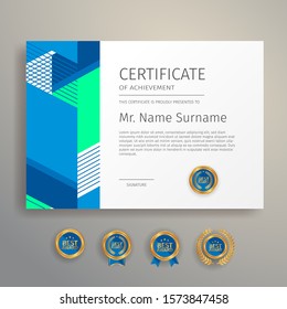 Modern simple certificate in blue and green color with gold badge and border vector template