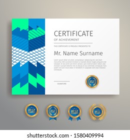 Modern simple certificate in blue and green color with gold badge and border vector template