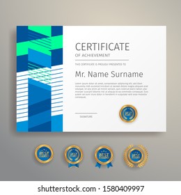 Modern simple certificate in blue and green color with gold badge and border vector template