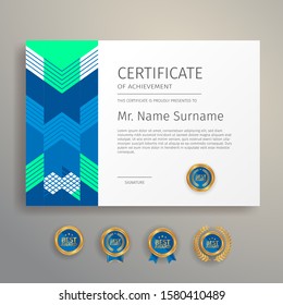 Modern simple certificate in blue and green color with gold badge and border vector template