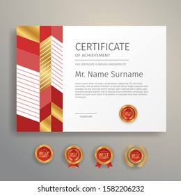 Modern simple certificate in red and gold color with gold badge and border vector template