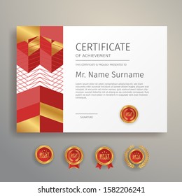Modern simple certificate in red and gold color with gold badge and border vector template