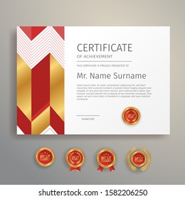 Modern simple certificate in red and gold color with gold badge and border vector template