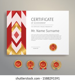 Modern simple certificate in red and gold color with gold badge and border vector template