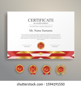 Modern simple certificate in red and gold color with gold badge and border vector template