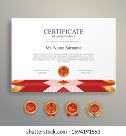 Modern simple certificate in red and gold color with gold badge and border vector template