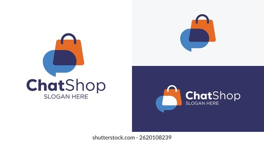 Modelo de logotipo de loja de chat simples moderno. Saco de compras com bolha gráfico logotipo design vetor ilustração.