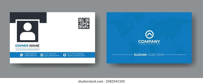 Modern simple clean business card template design. Two-sided navy blue and black color combination business card. Vector illustration.