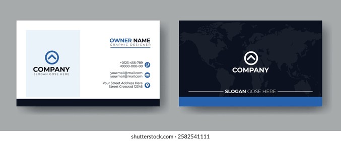 Modern simple clean business card template design. Two-sided navy blue and black color combination business card. Vector illustration.