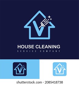 Modern Simple Cleaning Service, House Care and Maintenance Business Logo Design Idea with Initial V Letter on Home and Brush Sparkling